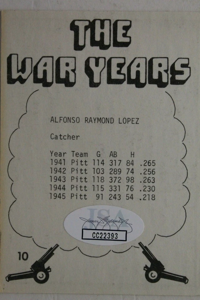 Al Lopez Pirates Dodgers HOF (d.05) 1946 TCMA War Years #4 Card Autographed JSA - Image 2 of 3