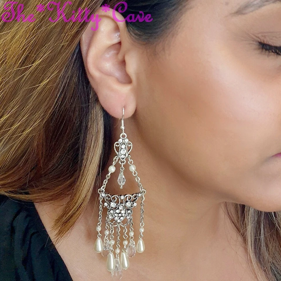 Elegant Silver Scroll, Sparkling Swarovski Crystal Long Chandelier Deco Earrings - Image 2 of 4