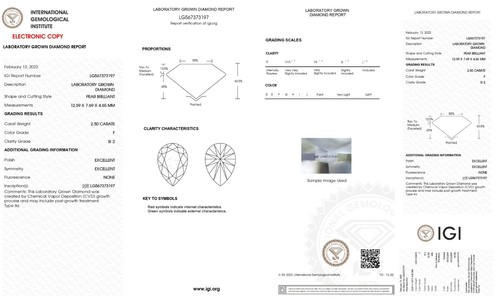 2.50 Ct PEAR Cut IGI Certified Lab Grown CVD Diamond F Color SI2 Clarity STONE - Picture 2 of 12