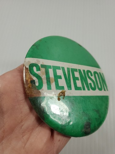 VTG BUTTON PIN - STEVENSON POLITICAL BUTTON GREEN WHITE NOT PERFECT - Picture 3 of 8