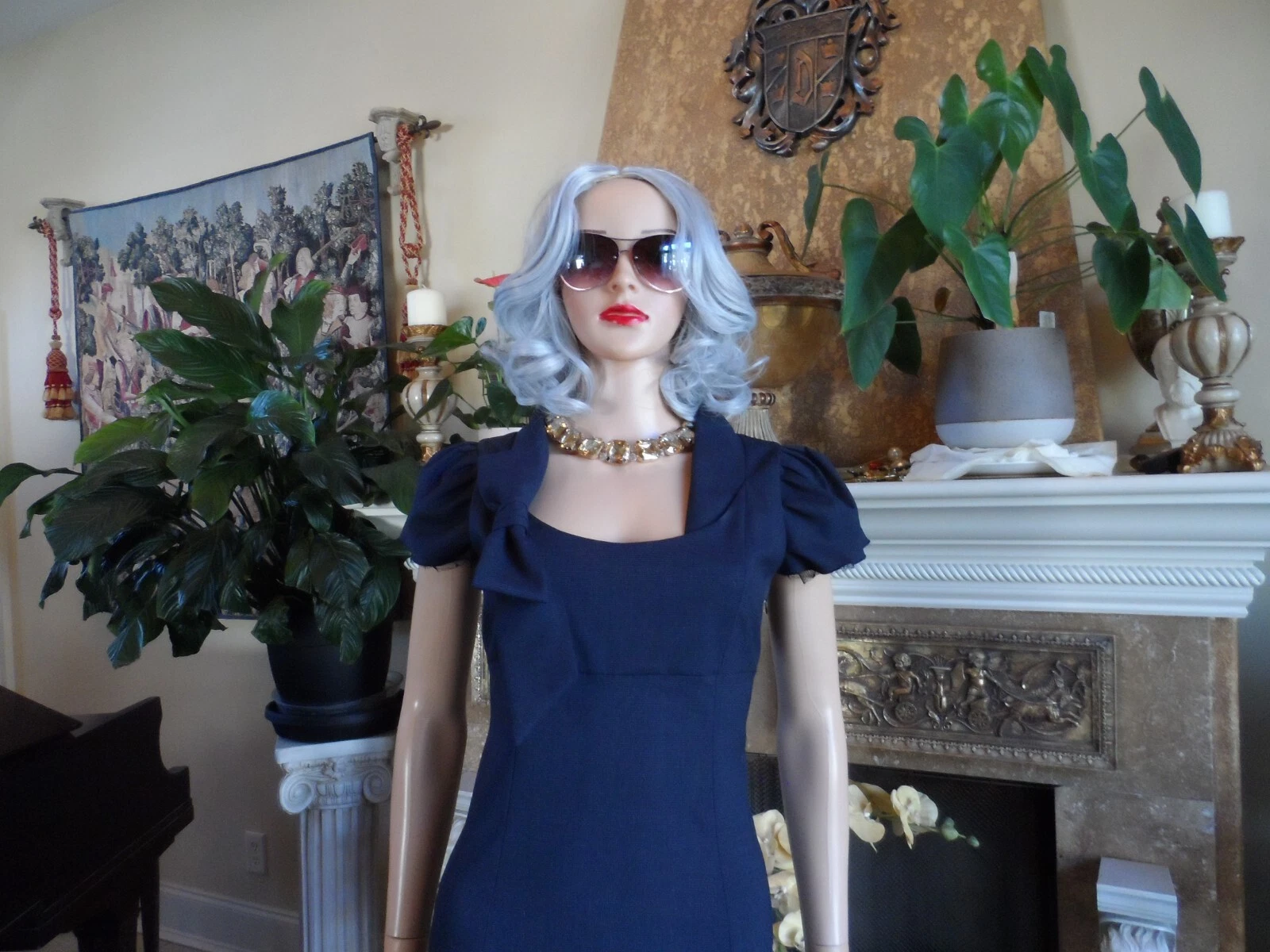 Abito tubino rosso Valentino blu navy lana vergine con dettaglio fiocco taglia US 4