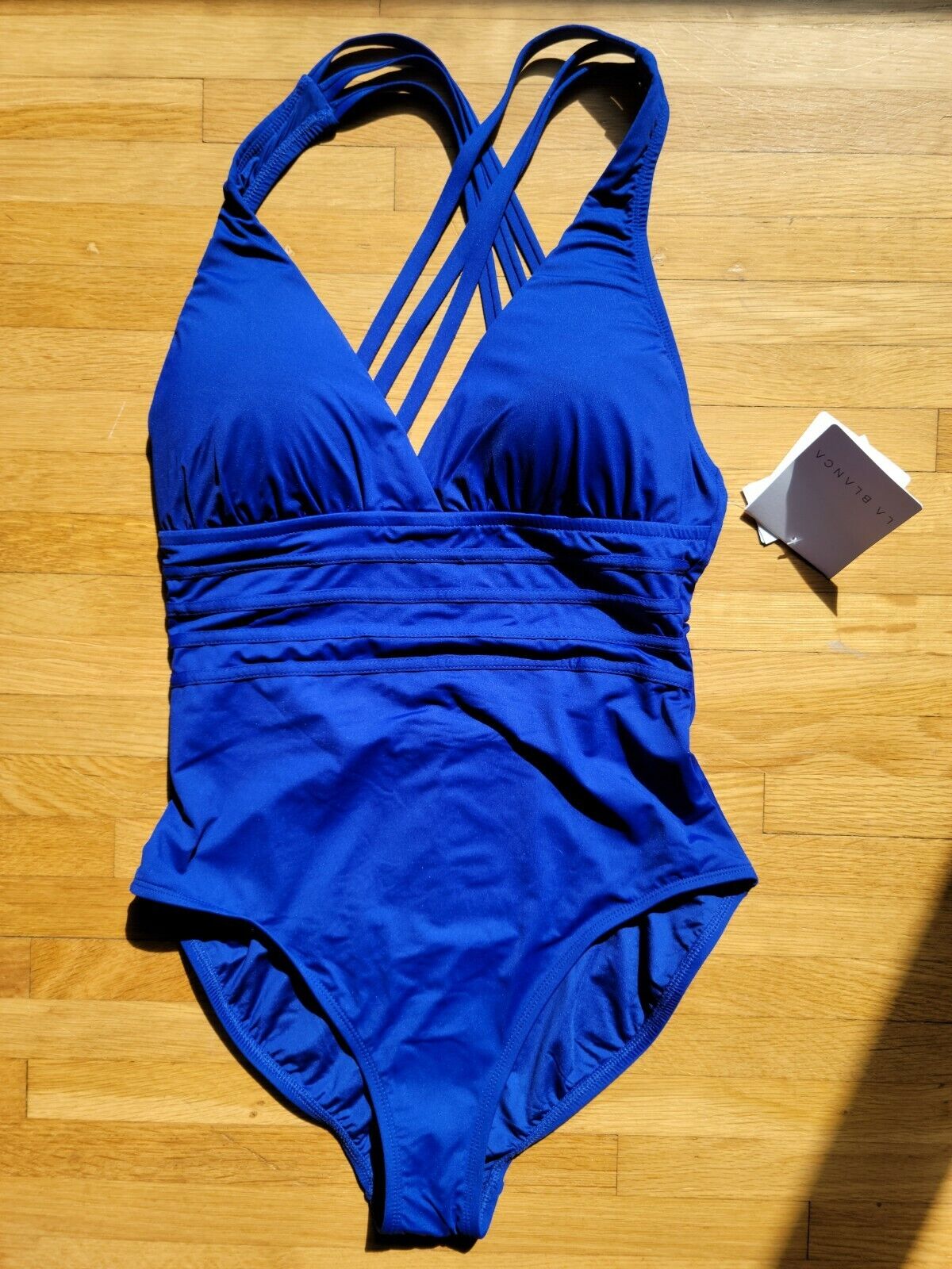 $119 La Blanca Women's Blue Cross Back Tummy Control One-Piece Swimsuit Size 12