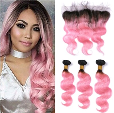 1B#/PINK OMBRE BRAZILIAN VIRGIN HUMAN HAIR BODY WAVE BUNDLES 18+20+22&16 FRONTAL