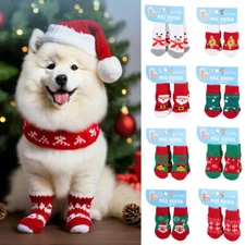 4PCS/set Pet Christmas Socks Anti Slip Skid Bottom Elk Dog Knit Warm Socks Comfy