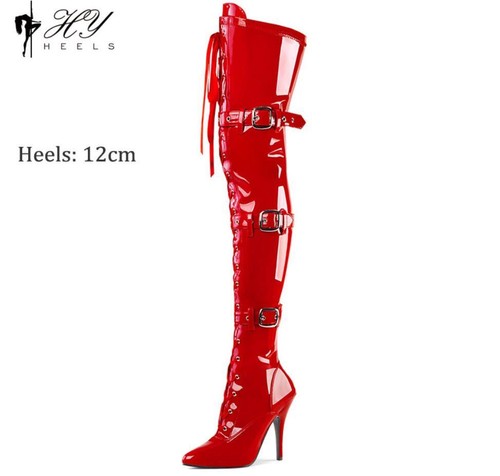 Sexy zapatos de tacón de aguja de 12 cm de charol para mujer botas sobre la rodilla - Imagen 14 de 18