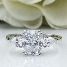 Elongated Cushion D/VVS1 Moissanite Three Stone Women Ring 14K White Gold Plated