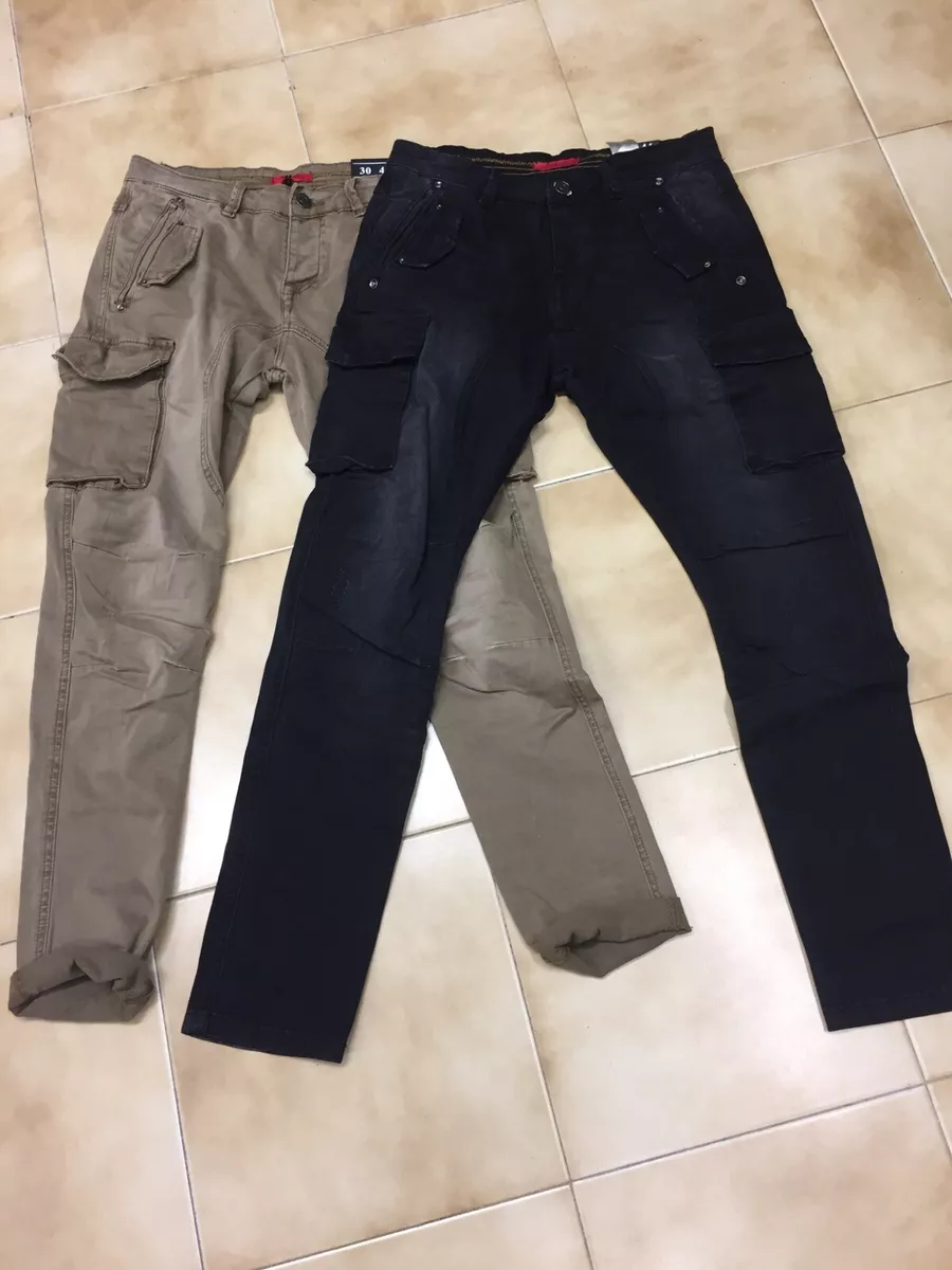 Pantalones cargo gianni lupo Tascone Negro Barro Elástico Lavado Usado  Oferta