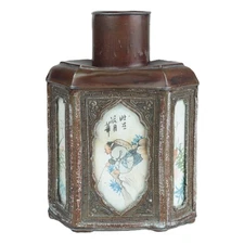 Antique Chinese Pewter Tea Caddy - Hexagonal Painted Canvas under Glass + Lid