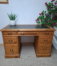 1960's Large Solid Pine Pedestal Desk with Dark Green Leather Top