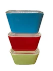Lot of 3 Vintage Primary Colors Pyrex 501B - Red, Yellow, Blue WITH LIDS 4.5x3.5
