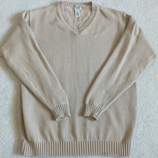LL Bean V-Neck Sweater Mens Large Tall LT Beige Pullover Cotton 0FW83 Knit