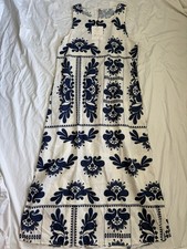 NWT Spighe Di Lino Italy Linen Blend Embroidered Maxi Dress Navy Cream L