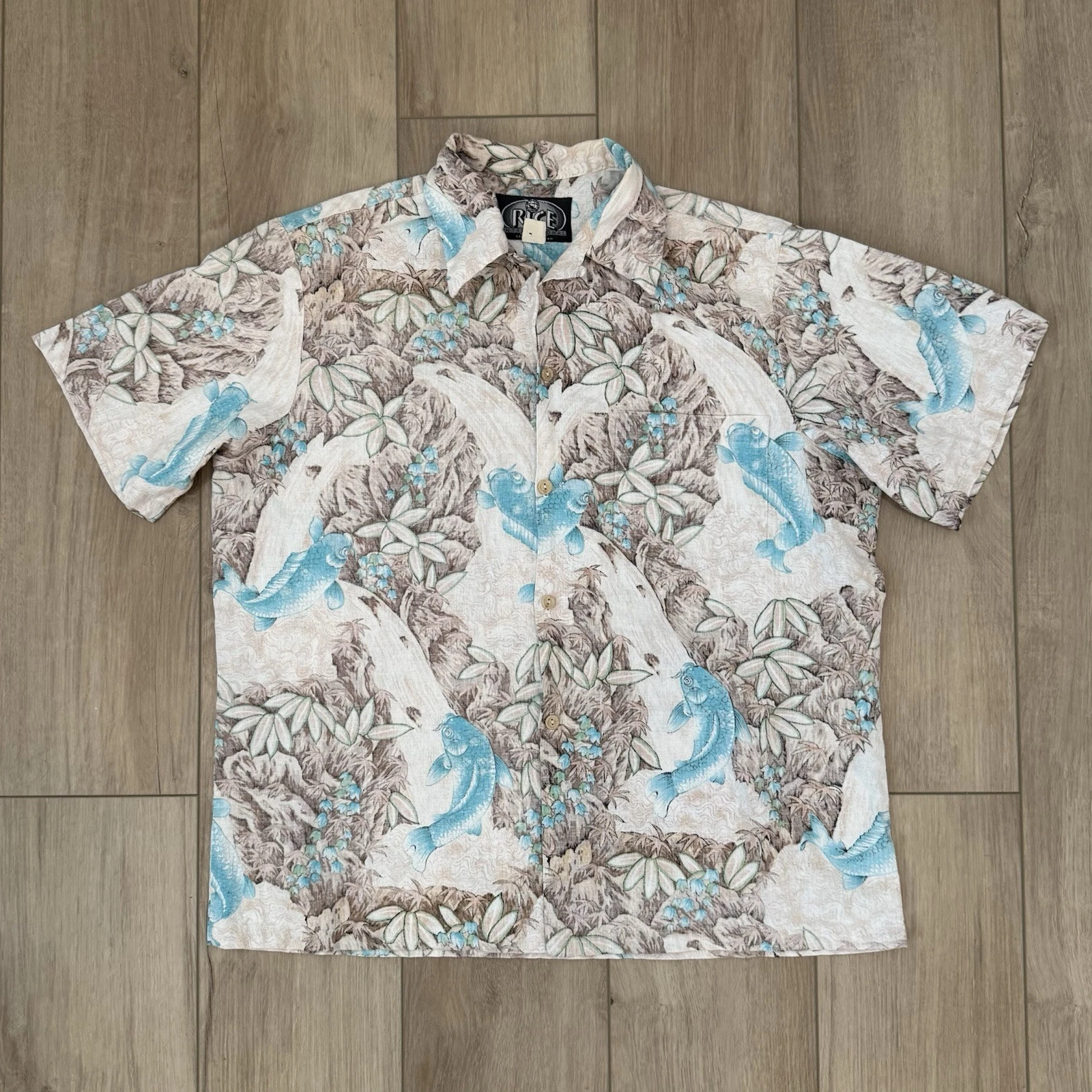 Vintage 90s Rice International Hawaiian Button Up Fish Shirt Mens Size Large VTG