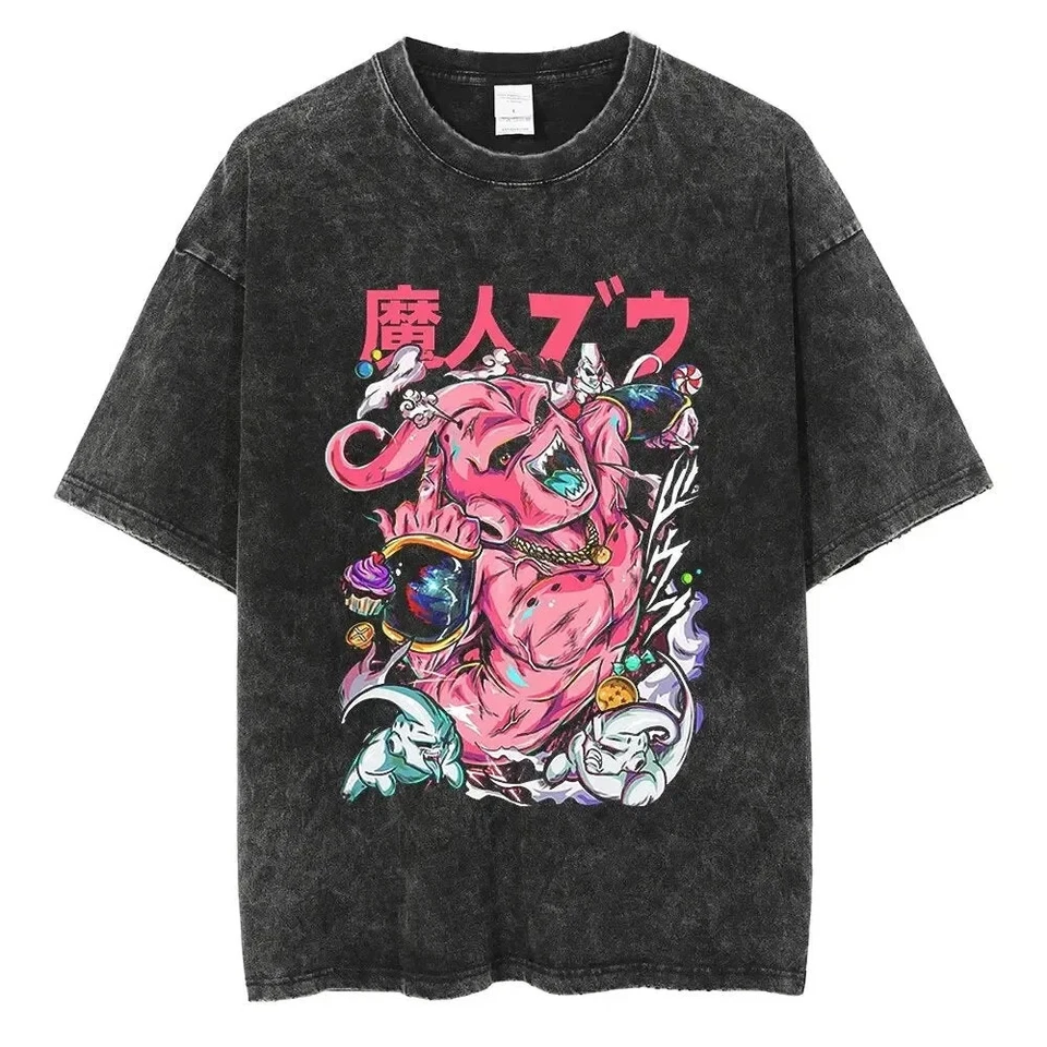 Anime T Shirt Dragon Ball Inspired Majin Vegeta Goku Print Washed Oversized Cott - Image 2 of 4