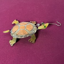 Vintage Brass Copper Silver Metal Turtle w Green Bead Eyes Ornament