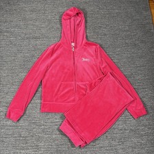 Juicy Couture Velour Tracksuit Set Women Large Hot Pink Full Zip Hoodie Crop Y2K