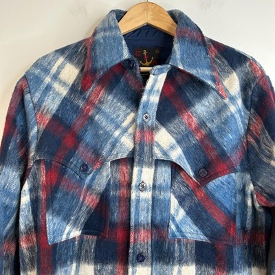 Vintage CPO Jacket Mens Large Blue Red Plaid Wool Blend Lined