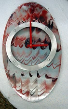MODERN/CONTEMPORARY RED WITH BLUE ACCENTS HAND PAINTED OVAL SHAPED CLOCK #171C