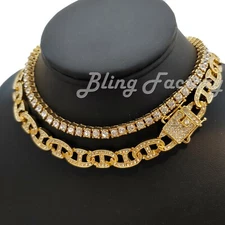 Hip Hop Gold PT Iced 18" Mariner & 1 Row Tennis Choker Bling Chain Necklace Set