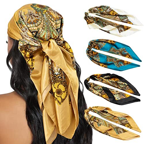 4PCS Head Scarf for Women 35” Head Scarves Silk Like Black  display picture 2