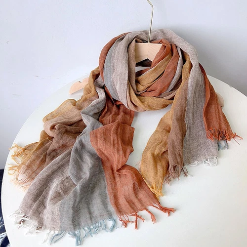 Women Men Linen Cotton Scarf Wrap Shawl Tassel Striped Lightweight Casual Brown - Picture 16 of 16