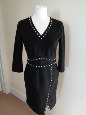 DROLE DE COPINE BLACK STUDDED V NECK DRESS SIZE LARGE UK