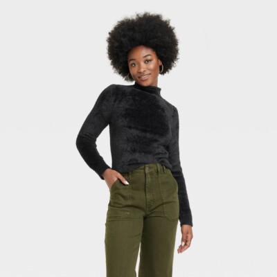 Universal Thread Fuzzy Sweater Small Pullover Mock Neck Long Sleeve Black