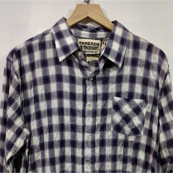 NWT Threads for Thought Organic Cotton Plaid Button Shirt Mens XL Purple White - Image 2 of 4