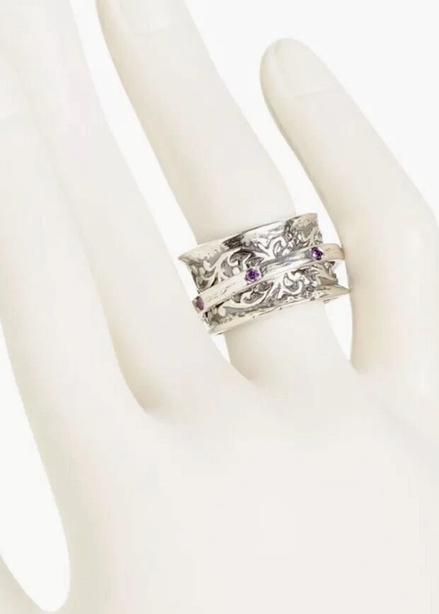 NUEVO CON ETIQUETAS ANILLO GIRATORIO SHABLOOL DIDAE PLATA ESTERLINA 925 AMATISTA TALLA 6 HECHO EN ISRAEL Foto 2 de 2