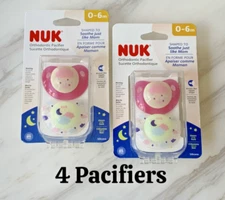 NUK Orthodontic Pacifiers - 0-6 Months - 2 Packs - 4 Total - Pink - Glow In Dark