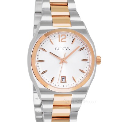 BULOVA Classic Womens Watch, White Dial w/ Date, Two-Tone Rose Gold Silver Band