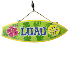 LUAU Aloha Wood Tiki Bar Sign Surf Board Door Plaque Hawaiian Flower Hibiscus