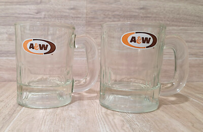 Set of 2 Vintage A&W Root Beer Mini Baby Mugs Oval Brown and Orange Logo 3 1/8''