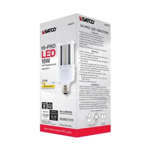 Satco S49670 18W LED HID 100-277V Corncob Bypass Medium E26 2700K Warm White - Picture 9 of 11