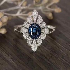 Art Deco Oval Cut Blue Sapphire  Lab Created Diamond Engagement 925 Silver Ring