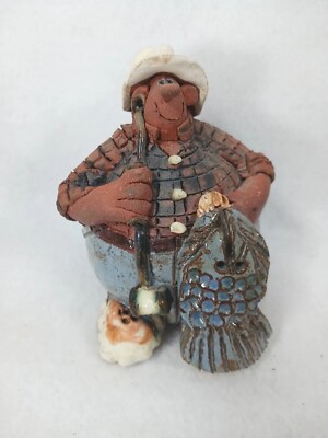 Fisherman w Fish Balloon People Artisa Meadows 82Studio Art Pottery Outdoors Men