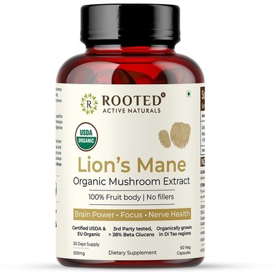 ROOTED Usda Organic Lions Mane Mushroom Extract Capsules, 38% Beta Glucans(60 Ca