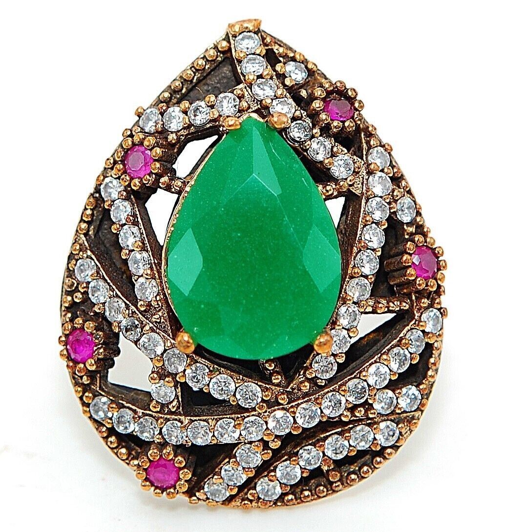 Ottoman Empire Inspired 5CT Treated Emerald 925 Sterling Silver Ring Size 6 HB2-8