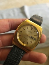 OMEGA Genève Quartz Day-Date Cushion Gold-Plated Case Silver Dial Black Leather