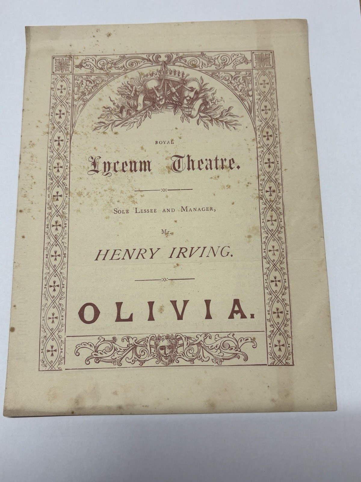 1885 PROGRAMME  HENRY IRVING  LYCEUM THEATRE LONDON PLAY OLIVIA - ELLEN TERRY