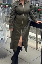 Women s Green Long Trench Coat XL Full Zip Zi...