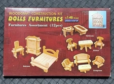 Dollhouse Quarter Scale Furniture KIT DIY Asst. Bed/Kit/Liv/Bath 1:48 NOS Unfin.