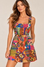Farm Rio Mixed Patchwork Mini Dress XL Square Neck Abstract Print Linen Boho
