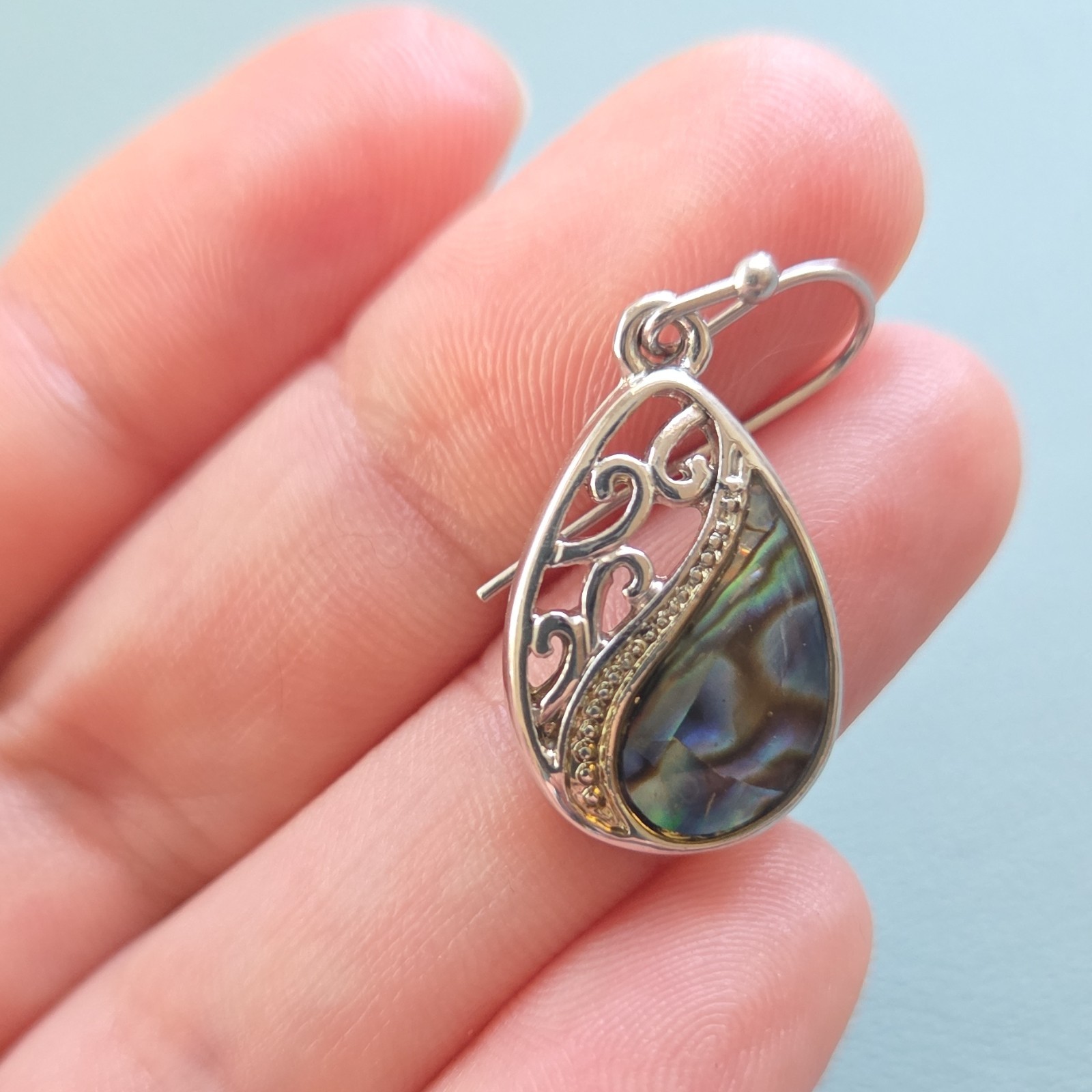 Teardrop Abalone Shell Dangle Earrings Silver Ton… - image 3