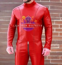 MEN'S GENUINE SOFT LEATHER RED JUMPSUIT CATSUIT BACK ZIPPER OVERALL BODYSUIT