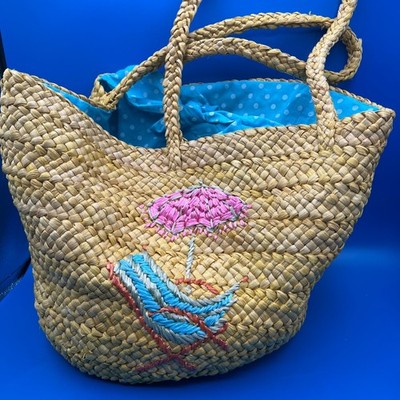 Quaker Factory Woven Straw Beach Tote Bag Embroidered Umbrella Chair Polka Dot