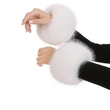 Women's Faux Fur Wrist Cuffs, Winter Fox Furry Wristbands, One Size White