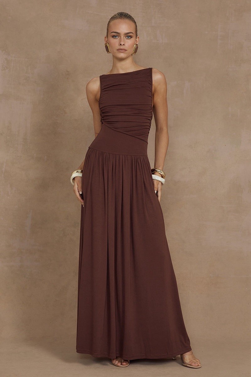 runaway the label brown maxi dress RUNAWAY THE LABEL Brigitte Halter Neck Open Back Maxi Dress – 27 Boutique
