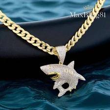 AAA+ CZ Shark Iced Pendant & 14K Stamped Brass 6mm 20" 24" Cuban Chain Necklace