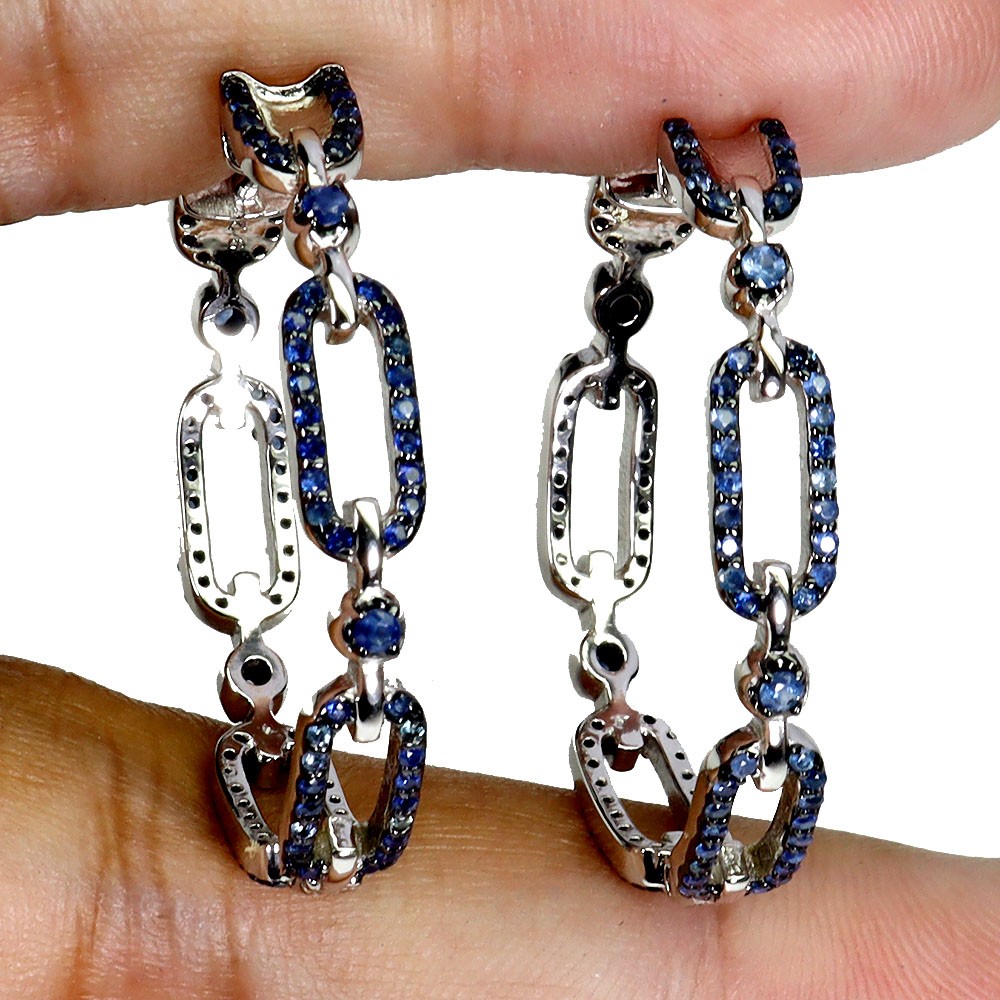 925 Sterling Silver Earrings Blue Sapphire Round Diamond Cut Gemstone Jewelry